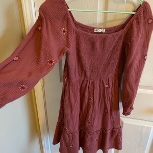 Jolt Red Casual Sundress with Bishop Sleeves and Scoop Neck